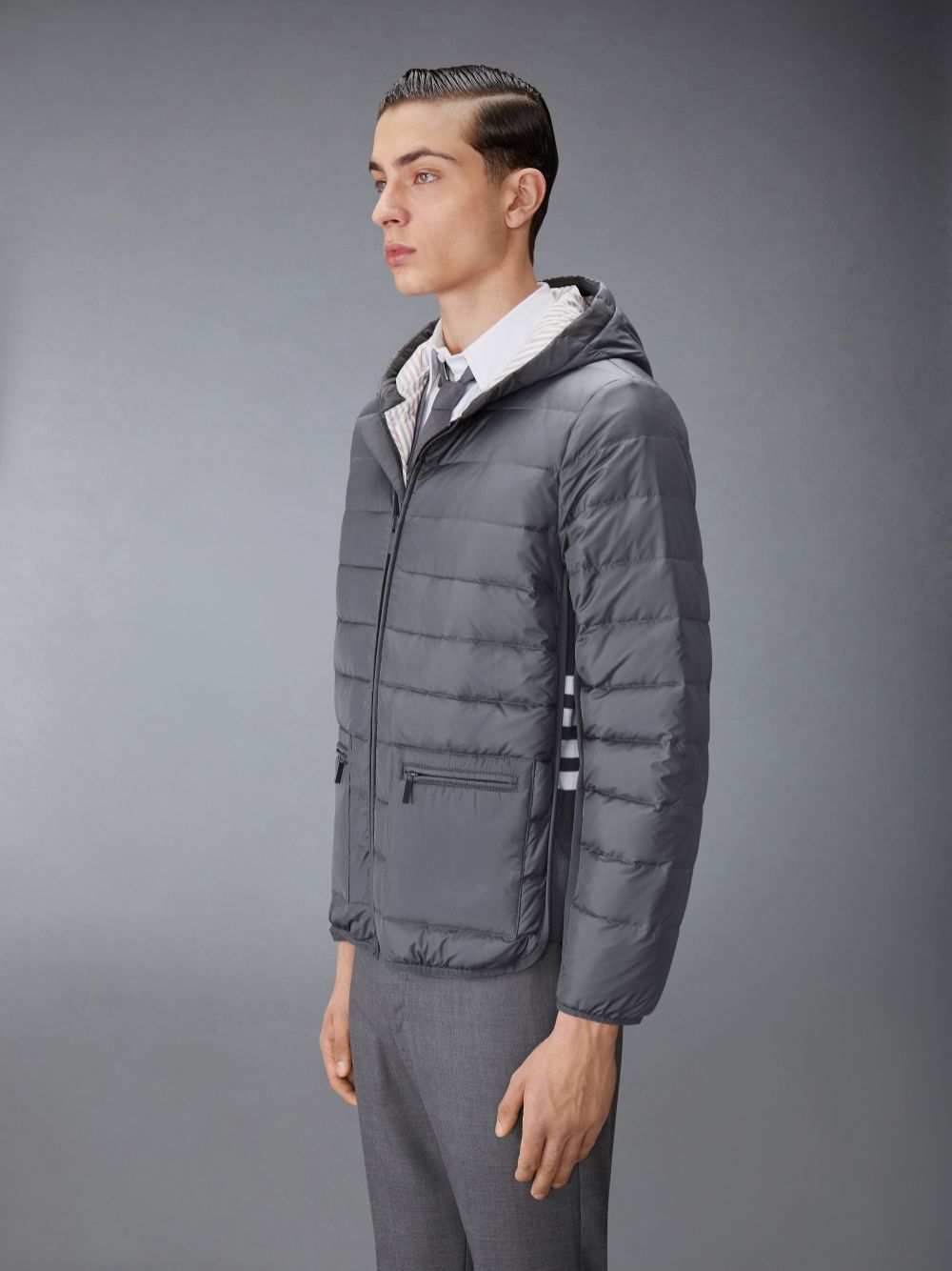 Thom Browne Ultra Light Nylon Down Hooded Uomo Giacche Grigie | JBE19Z95121