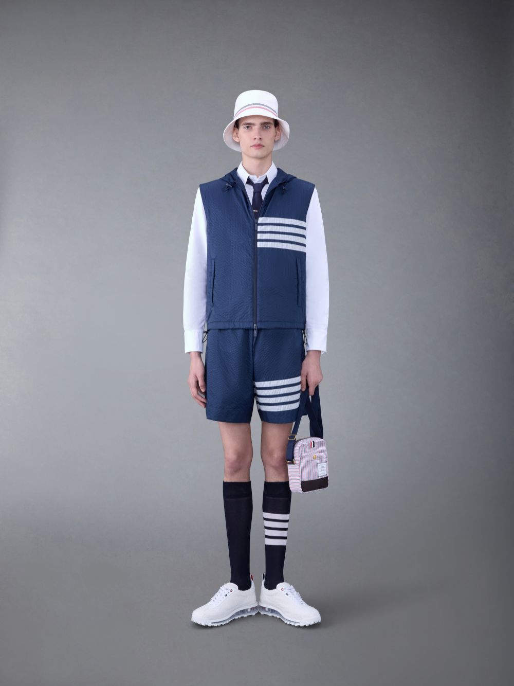 Thom Browne Ultralight Ripstop 4-Bar Hooded Uomo Gilet Blu | GHI80M48262