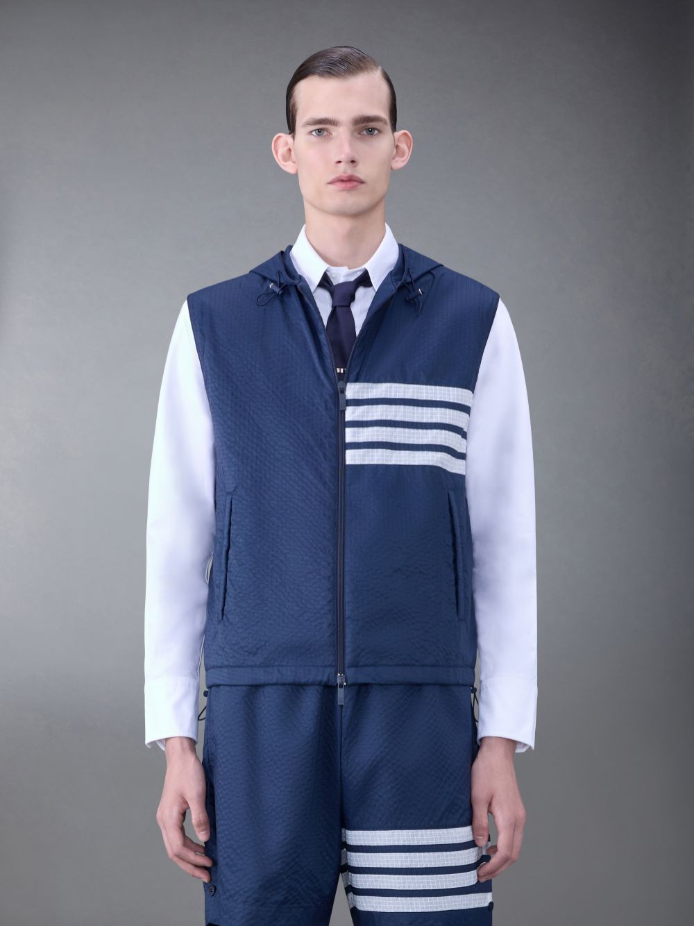 Thom Browne Ultralight Ripstop 4-Bar Hooded Uomo Gilet Blu | GHI80M48262