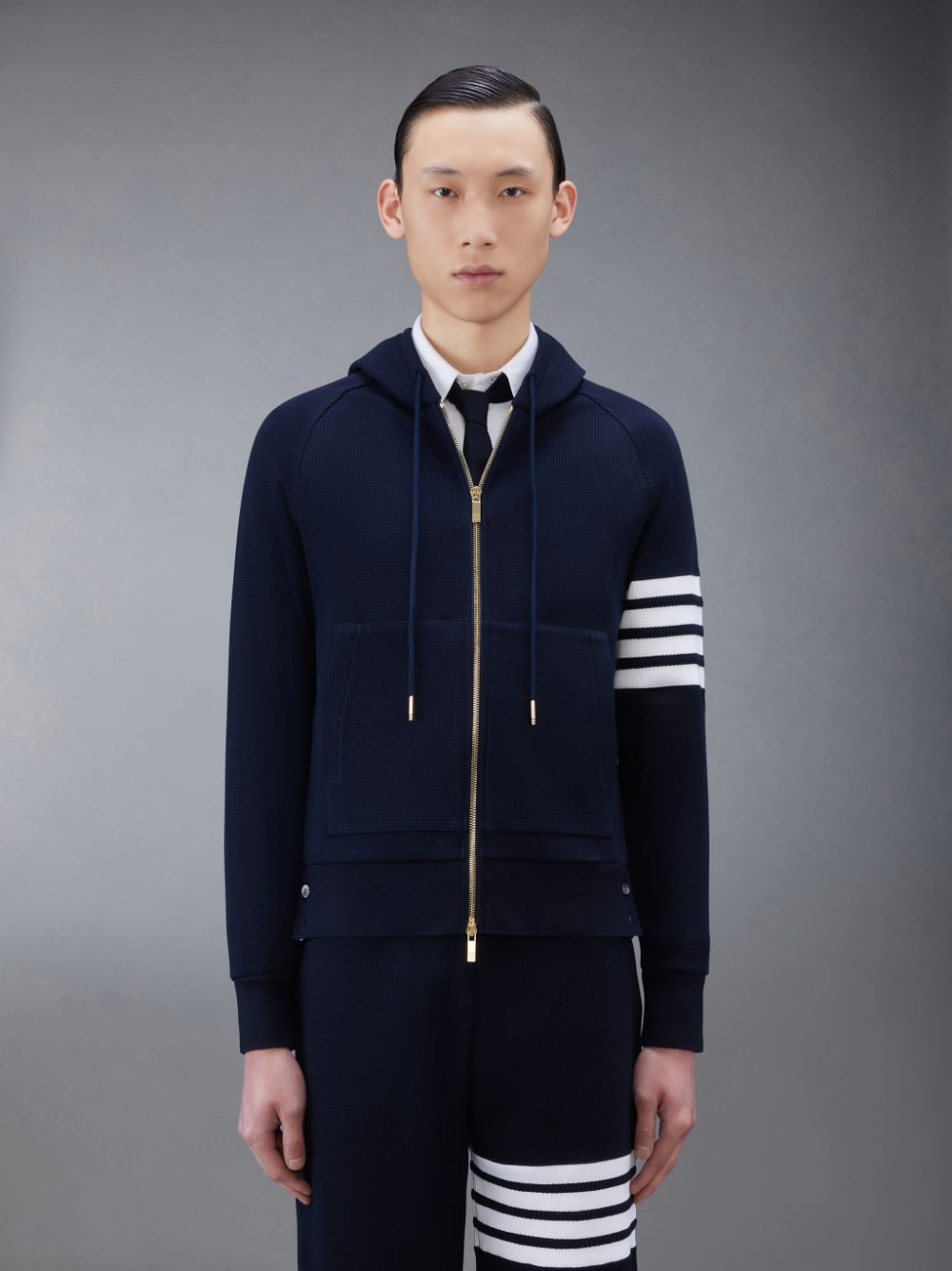 Thom Browne Waffle Raglan Full Zip Uomo Felpa con Cappuccio Blu | GGE58S82877