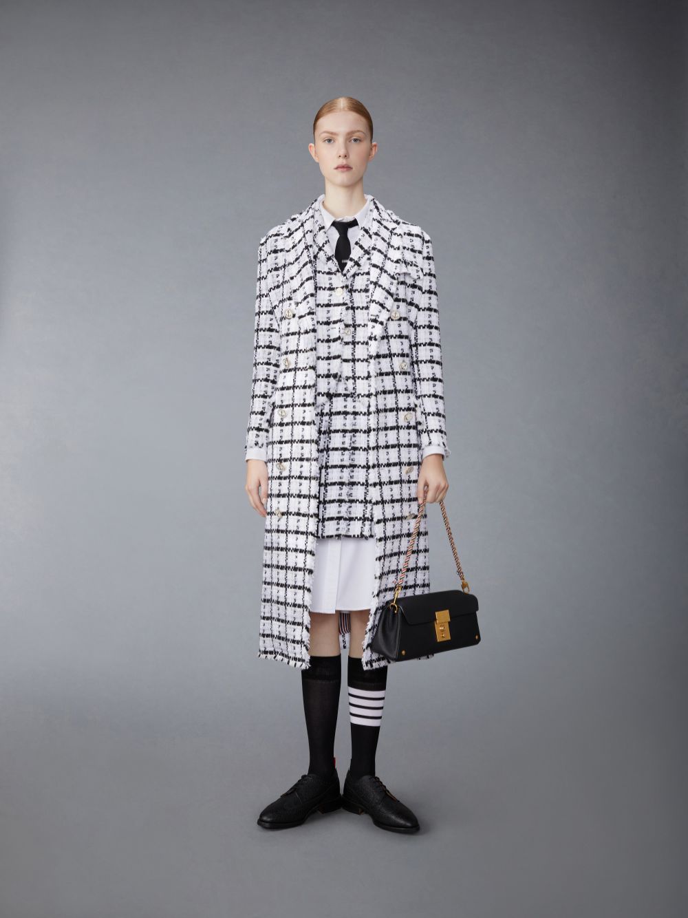 Thom Browne Windowpane Check Chiffon Tweed Fray Slim Fit Sport Donna Cappotti Bianche | HTM31L04131