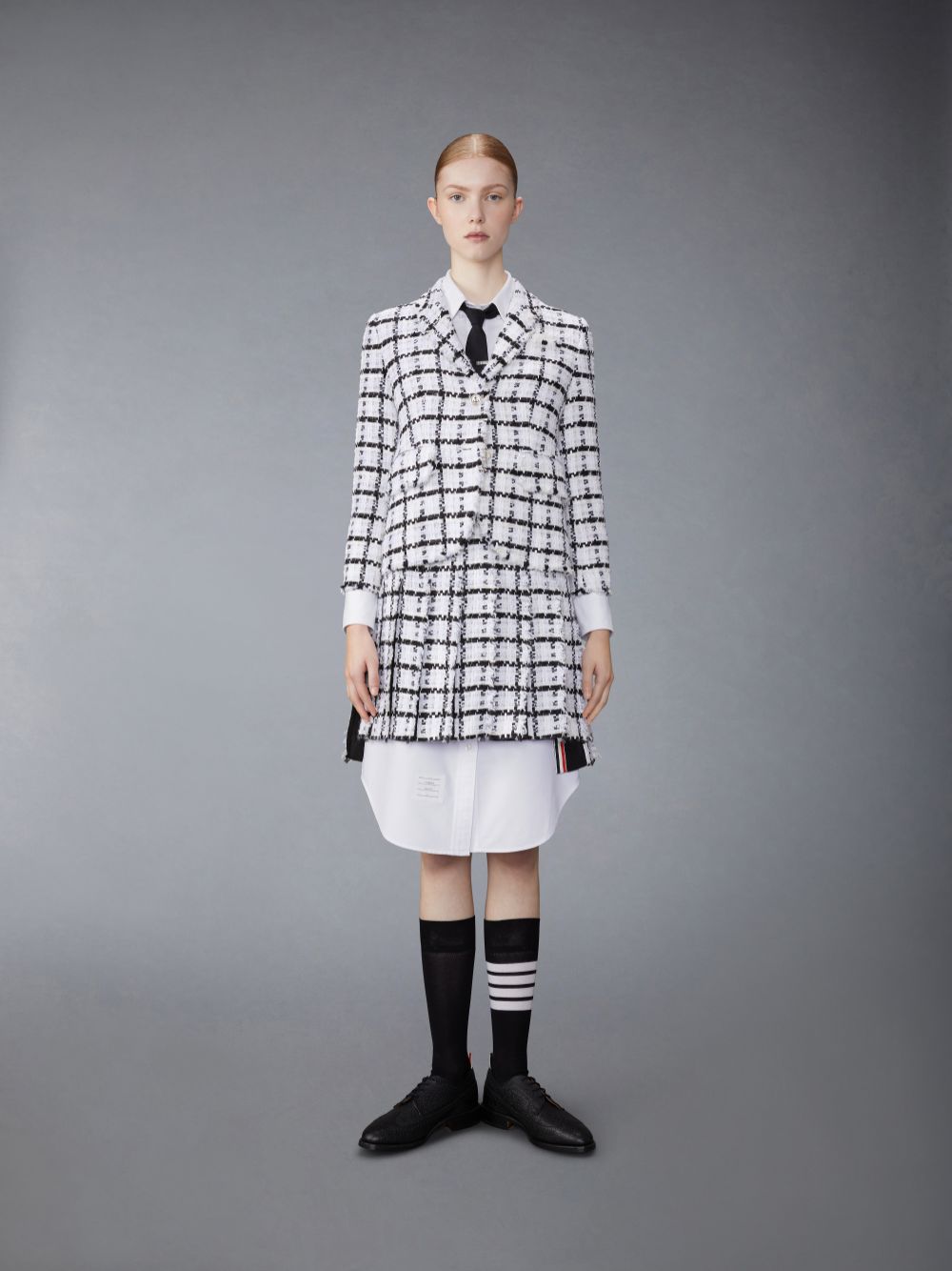 Thom Browne Windowpane Check Chiffon Tweed Fray Slim Fit Sport Donna Cappotti Bianche | HTM31L04131