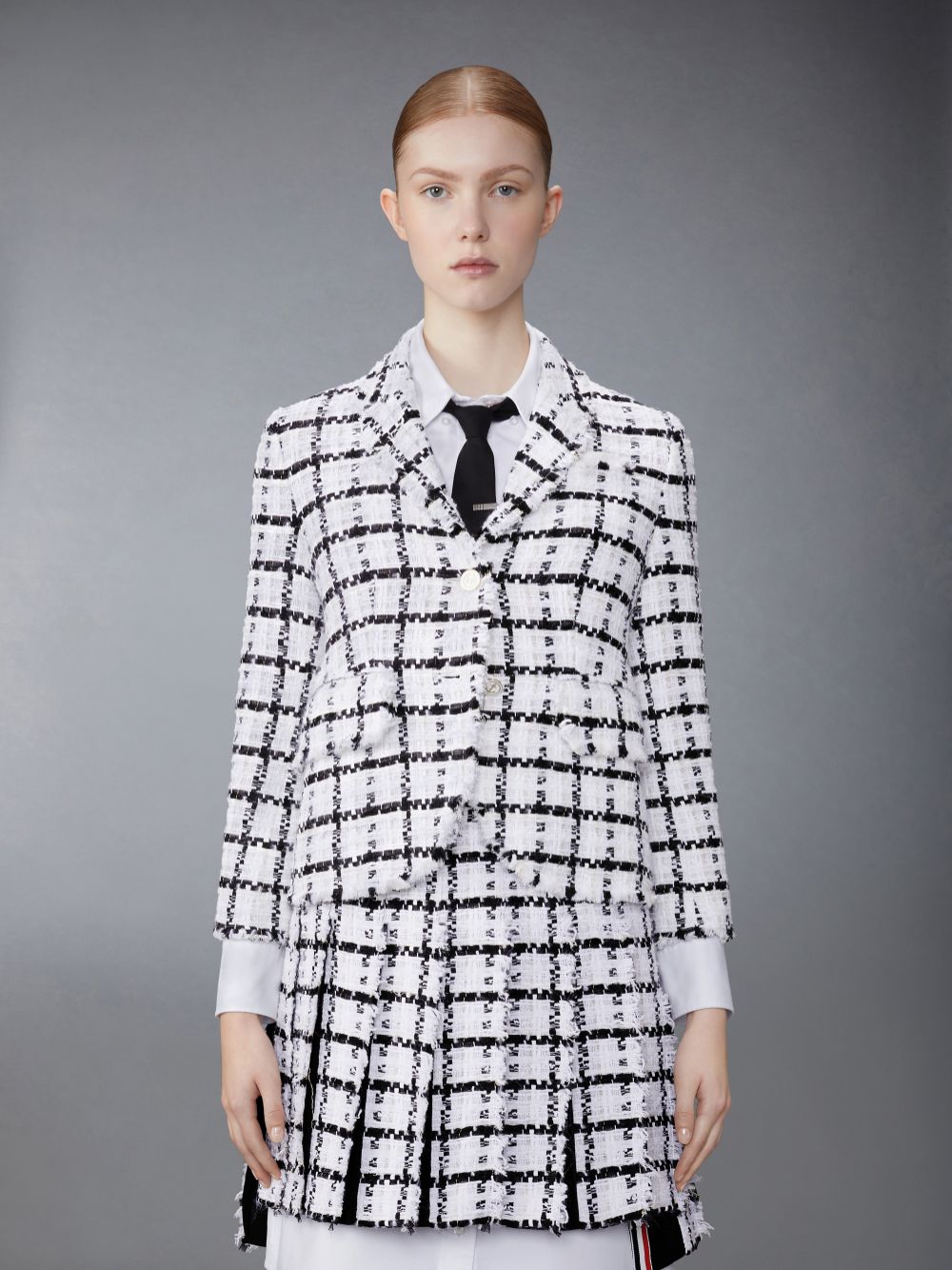 Thom Browne Windowpane Check Chiffon Tweed Fray Slim Fit Sport Donna Cappotti Bianche | HTM31L04131