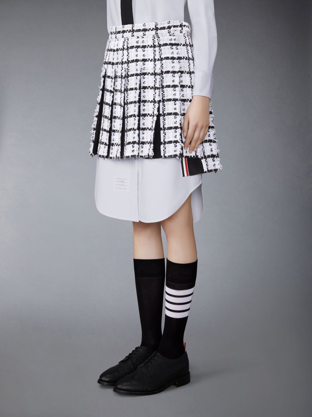 Thom Browne Windowpane Check Chiffon Tweed Fray Mini Pleated Donna Gonne Bianche | ACB31W77357