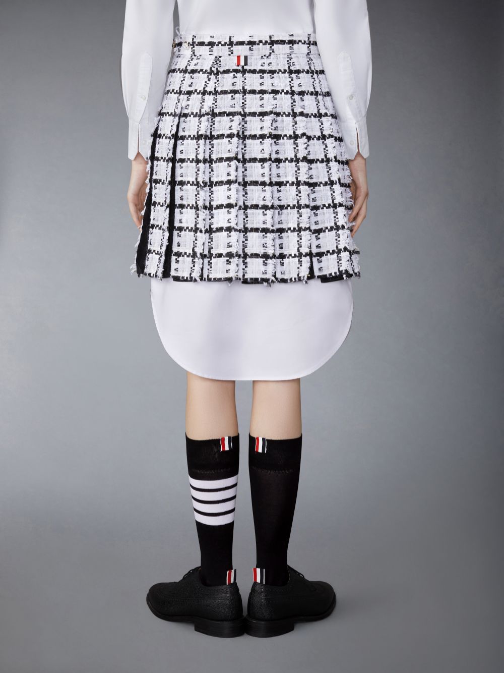 Thom Browne Windowpane Check Chiffon Tweed Fray Mini Pleated Donna Gonne Bianche | ACB31W77357