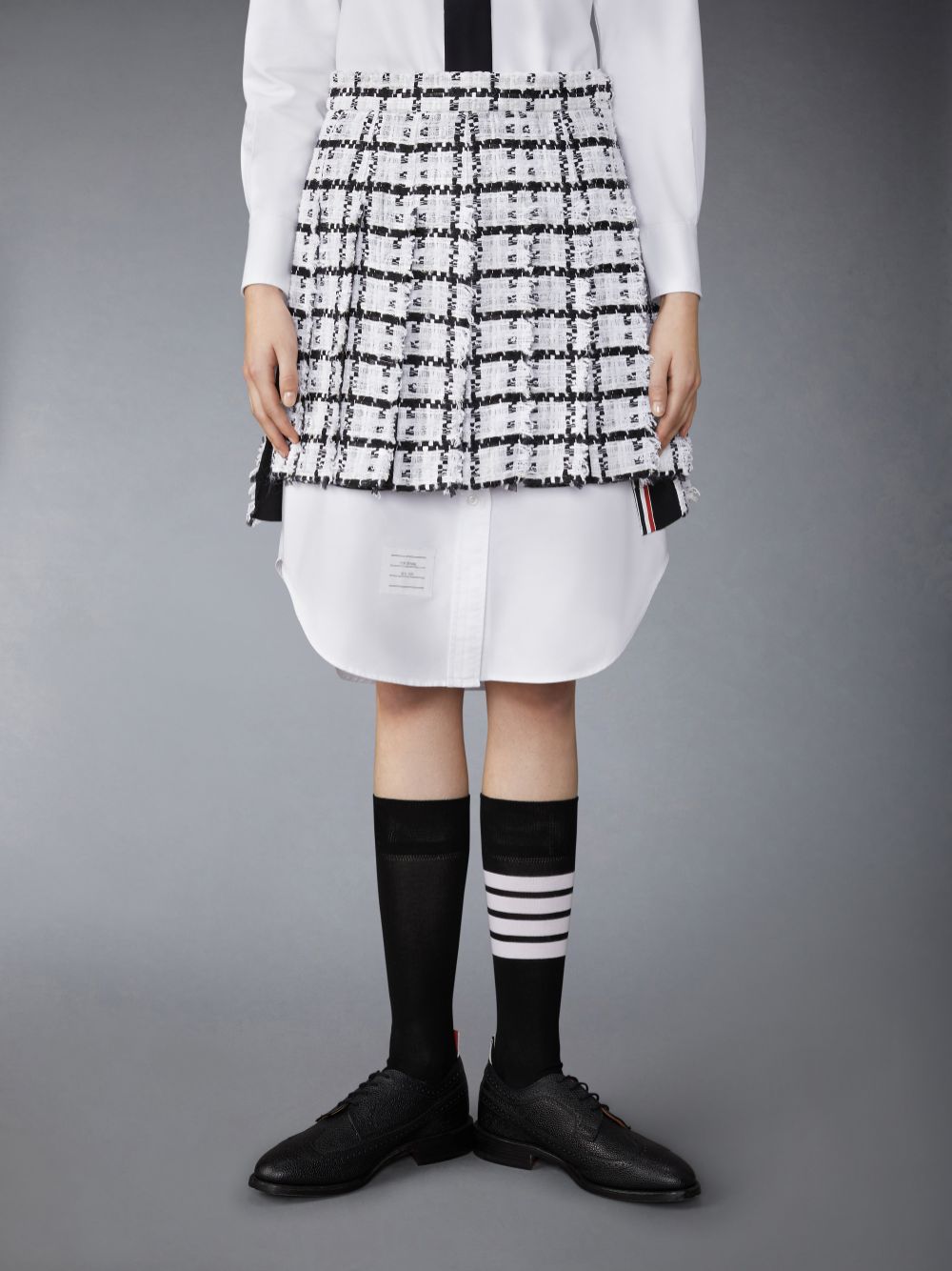 Thom Browne Windowpane Check Chiffon Tweed Fray Mini Pleated Donna Gonne Bianche | ACB31W77357