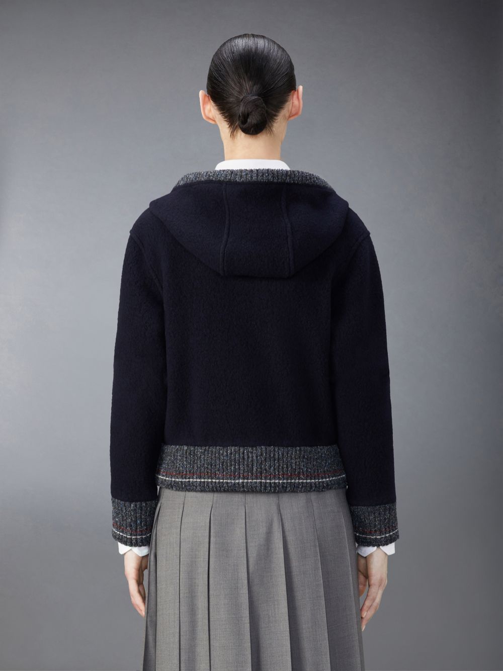 Thom Browne Wool Fleece Zip up Donna Felpa con Cappuccio Blu | EOB35G52002