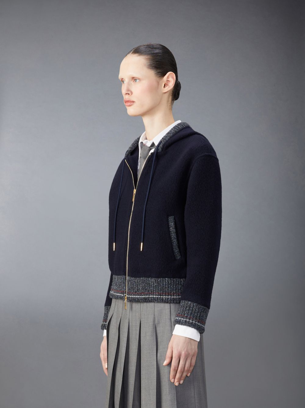 Thom Browne Wool Fleece Zip up Donna Felpa con Cappuccio Blu | EOB35G52002