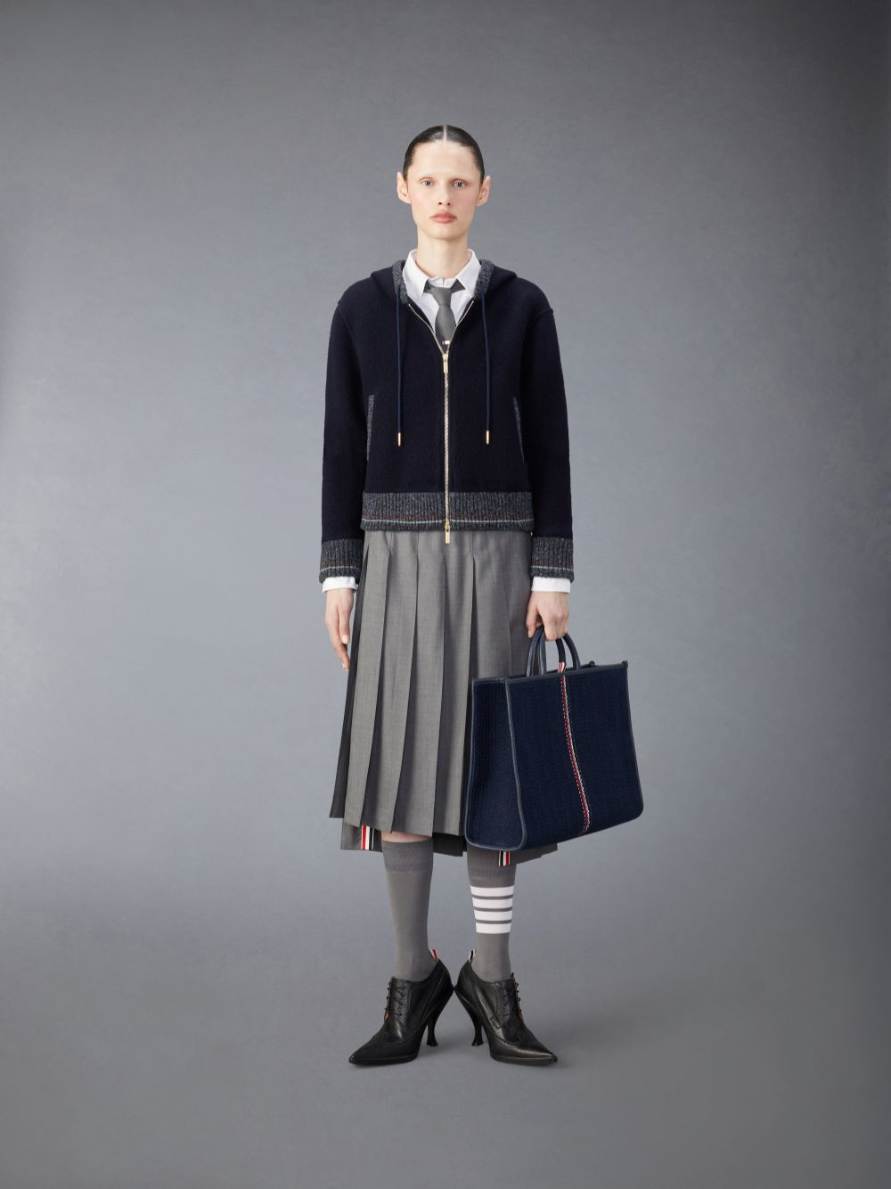 Thom Browne Wool Fleece Zip up Donna Felpa con Cappuccio Blu | EOB35G52002