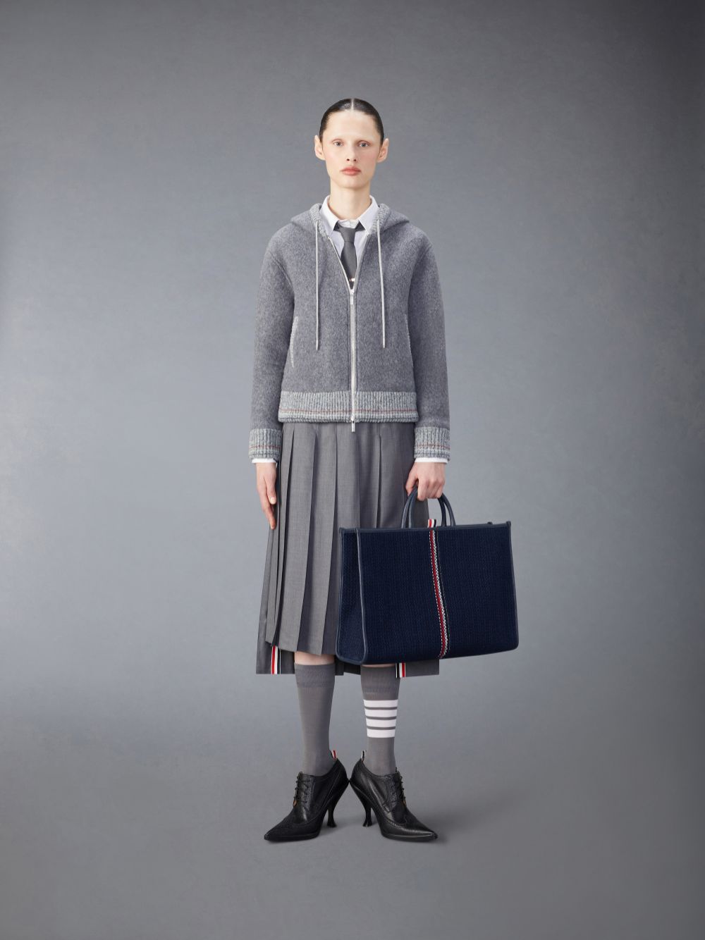 Thom Browne Wool Fleece Zip up Donna Felpa con Cappuccio Grigie | UEX87S46984