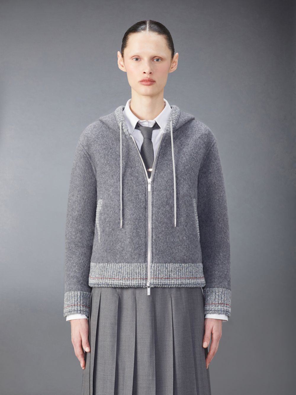 Thom Browne Wool Fleece Zip up Donna Felpa con Cappuccio Grigie | UEX87S46984