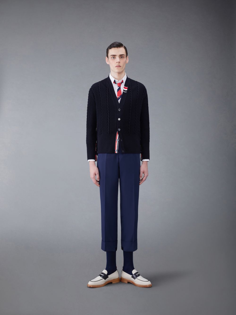 Thom Browne Wool Relaxed V-Neck Cable Uomo Cardigan Blu | BAN05B57456