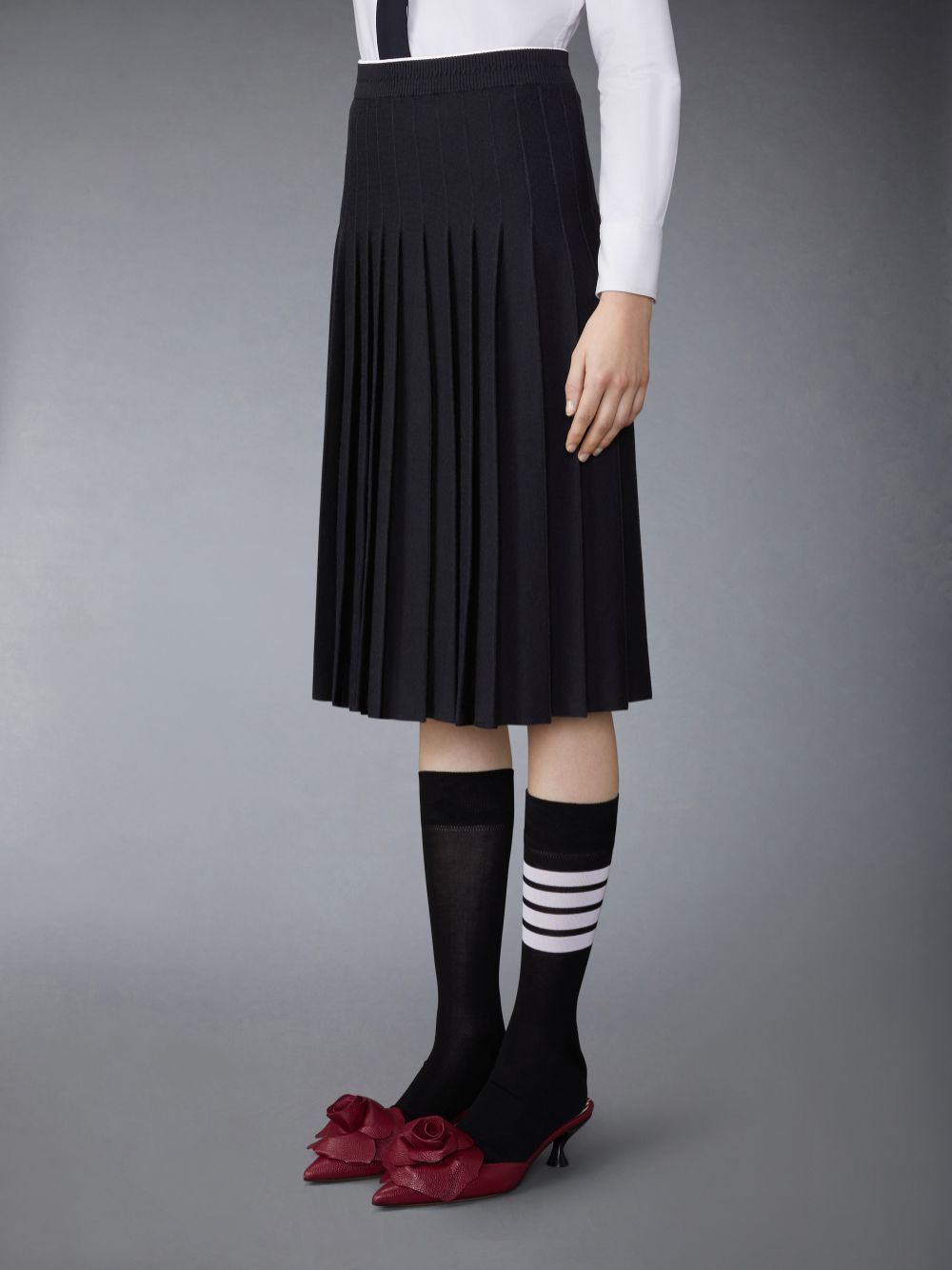 Thom Browne Wool Silk Blend Tipping Cable Waistband Midi Pleated Donna Gonne Nere | BPV07F23533