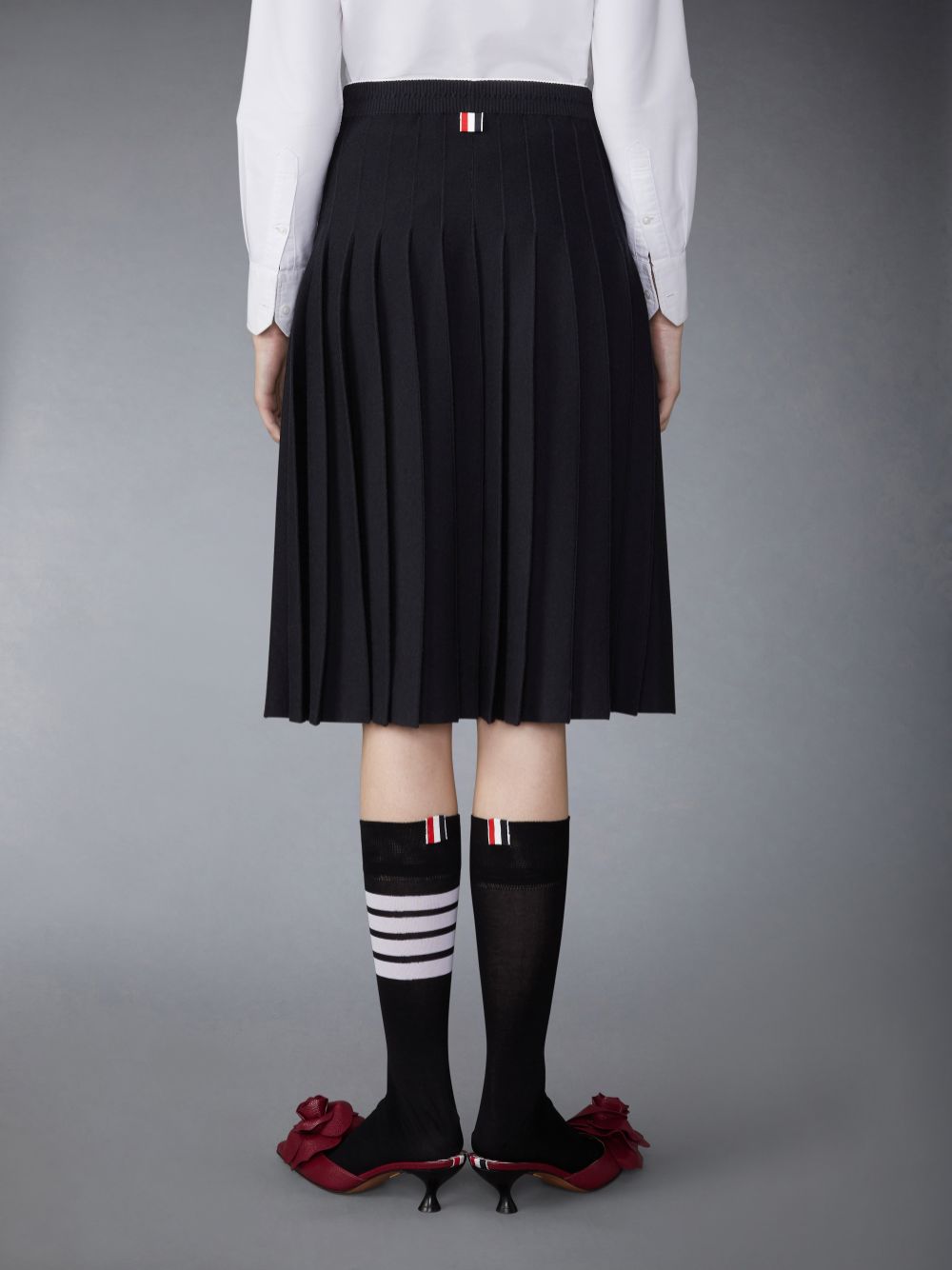 Thom Browne Wool Silk Blend Tipping Cable Waistband Midi Pleated Donna Gonne Nere | BPV07F23533