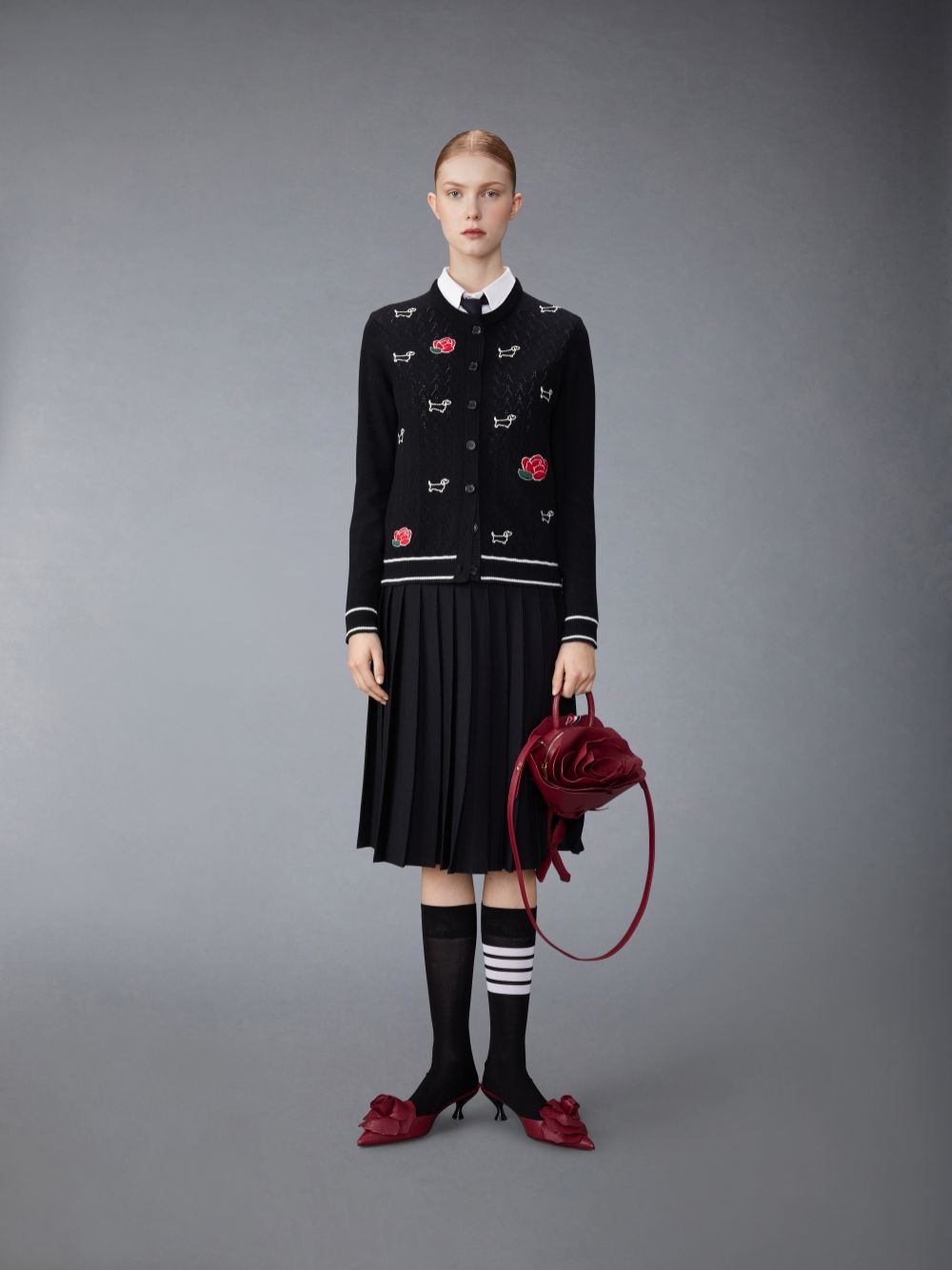 Thom Browne Wool Silk Blend Tipping Cable Waistband Midi Pleated Donna Gonne Nere | BPV07F23533