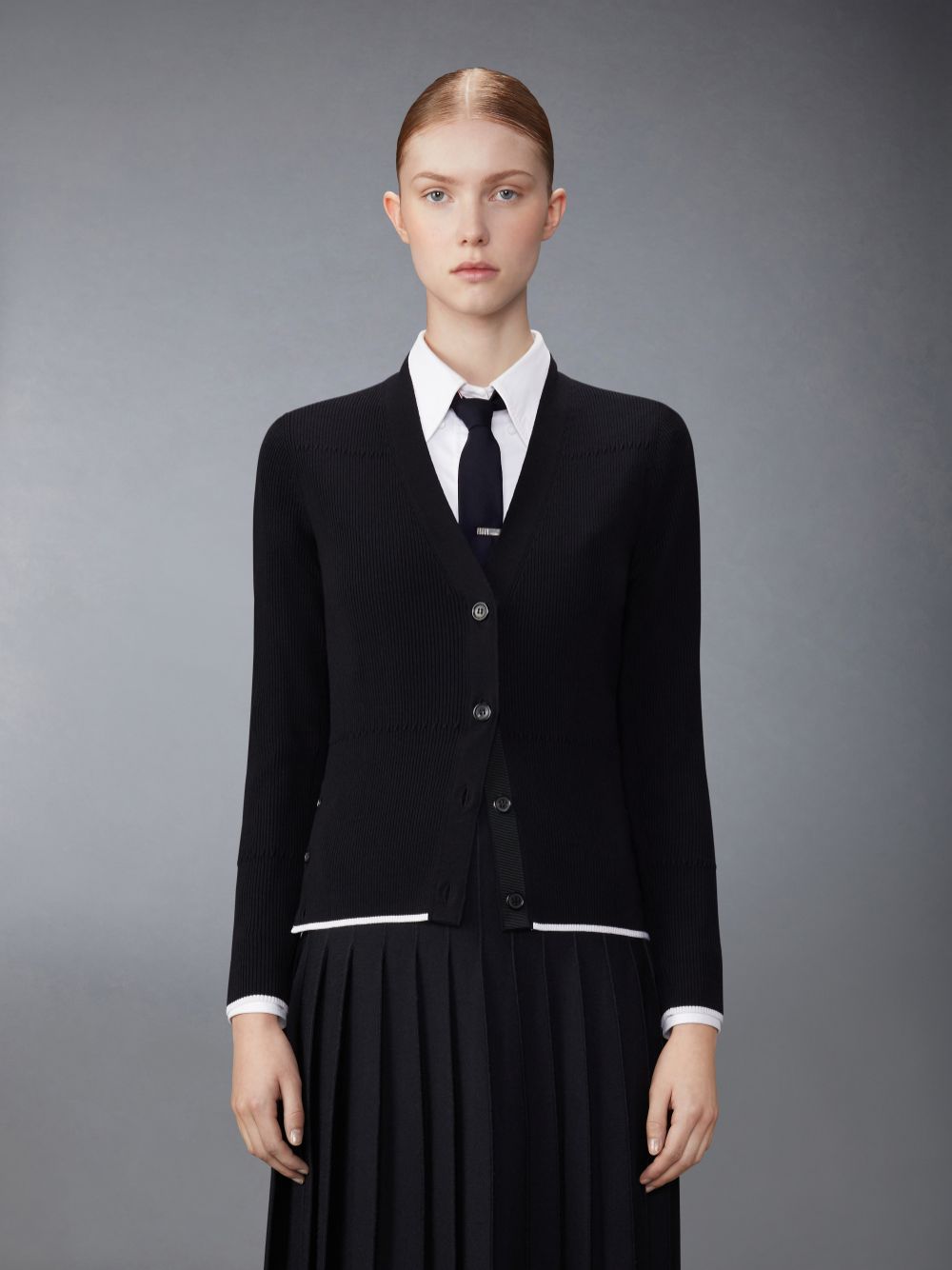 Thom Browne Wool Silk Blend Tipping Rib Stitch Cable Donna Cardigan Nere | NBI30S70973